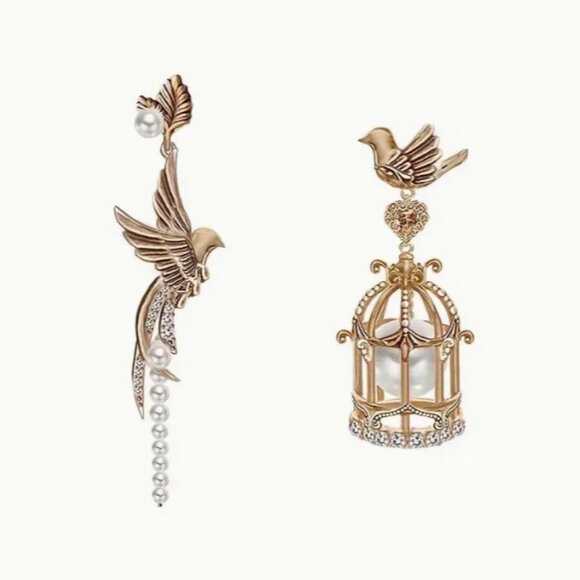 Private Label Jewelry - NEW Marie Louise Antique Gold Pearl Bird and Cage Asymmetrical Drop Earrings